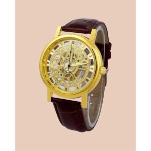 Unique Gold Dial Leather Analog Watch For Men