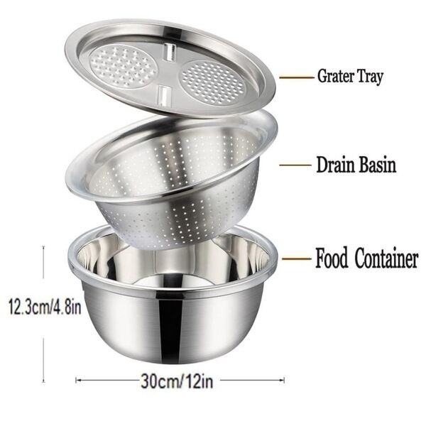 3 In 1 Multifunctional Grater Basin Stainless Steel Colanders Set - Image 3