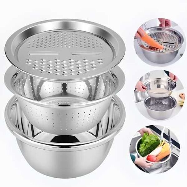3 In 1 Multifunctional Grater Basin Stainless Steel Colanders Set