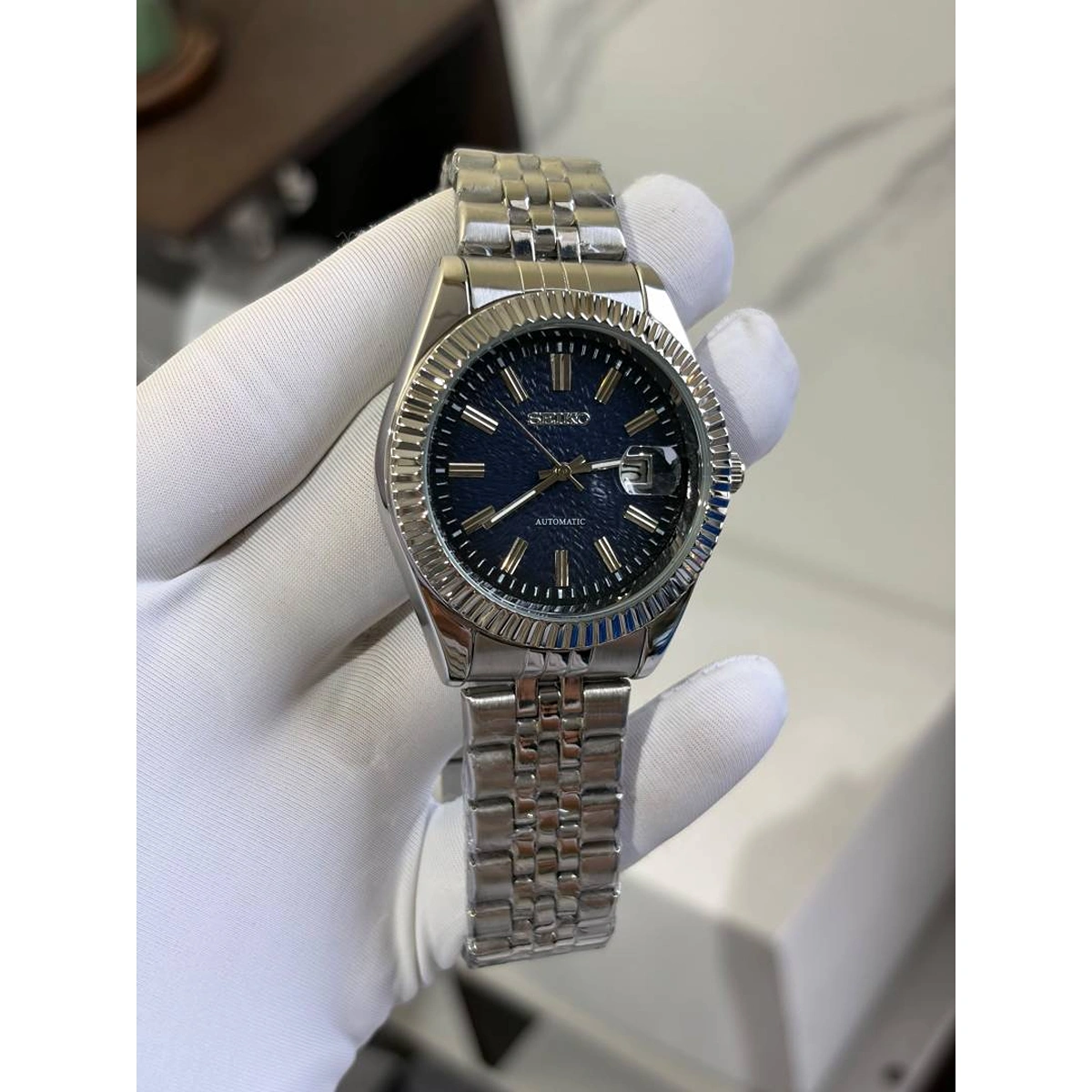Premium Seiko Date Just Watch Blue Texture For Men (SOS09) - Image 2