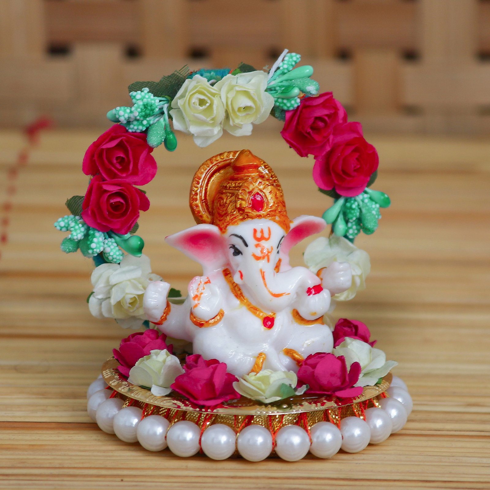 CraftIndia Lord Ganesha Idol on Decorative Handcrafted Plate with Throne of Colorful Flowers