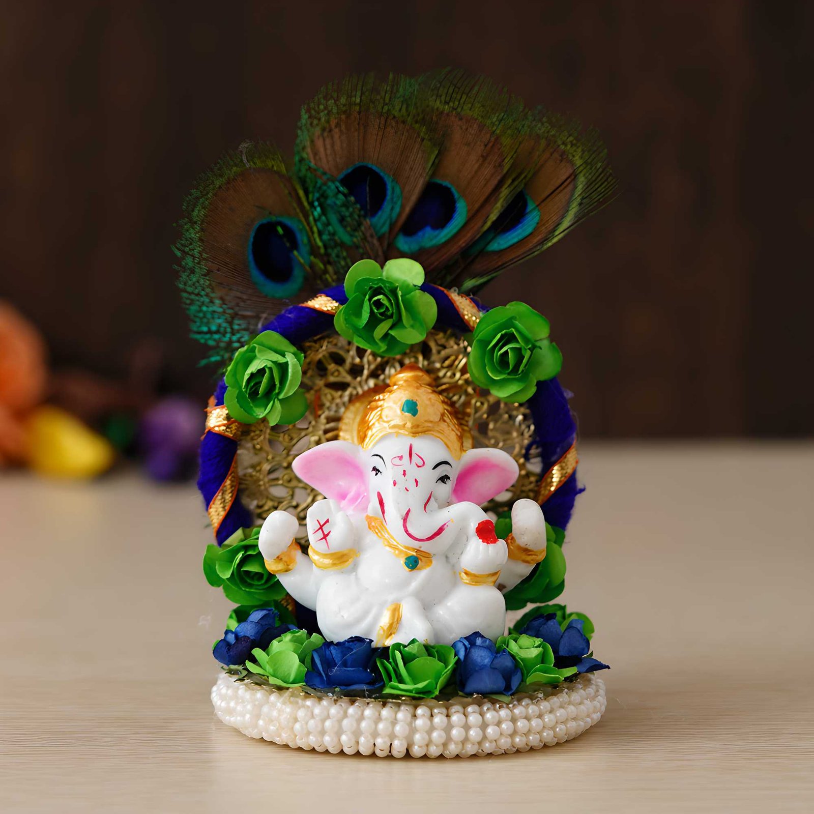 CraftIndia Lord Ganesha Idol on Decorative Handcrafted Floral Plate with Peacock Feather for Home and Car
