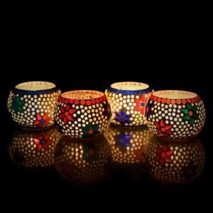 Ecraftindia Set Of 4 Mosaic Glass Decorative Tea Light Holder