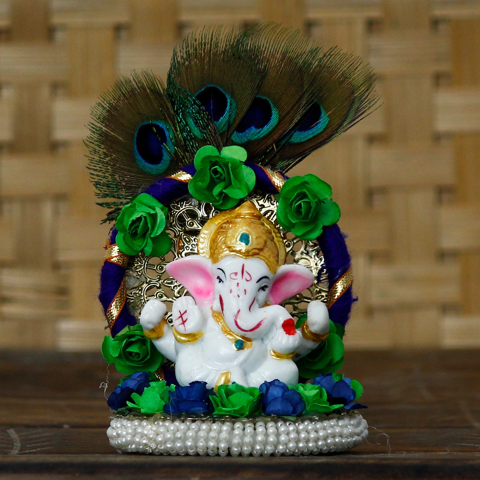 CraftIndia Lord Ganesha Idol on Decorative Handcrafted Floral Plate with Peacock Feather for Home and Car - Image 2