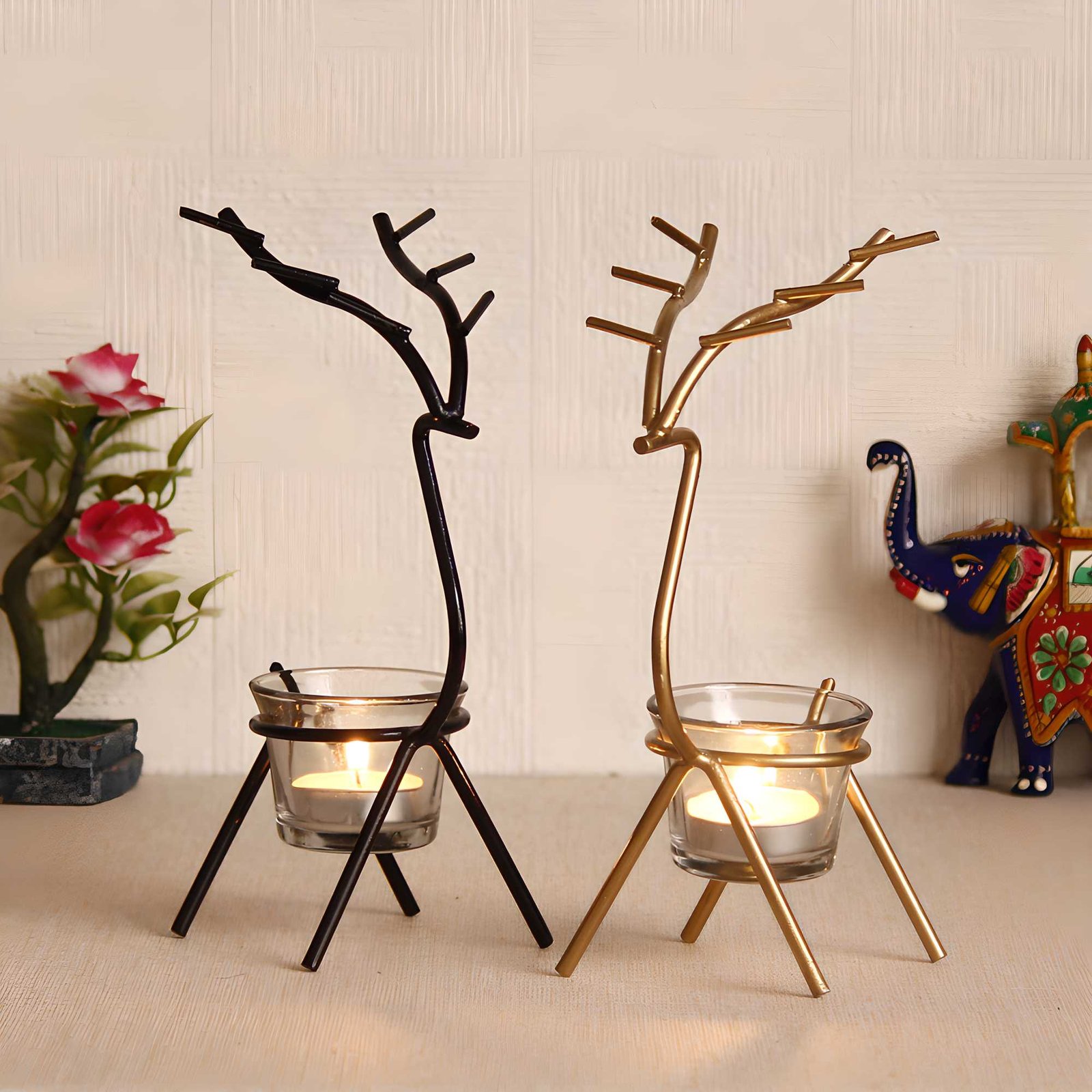 Ecraftindia Set Of 2 Deer Shape Decorative Handcrafted Metal Tea Light Holder - Image 2