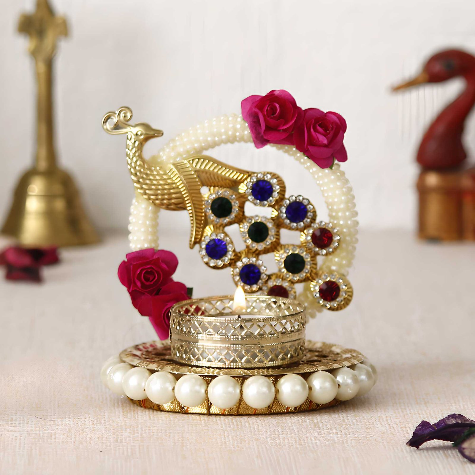 CraftIndia Metal Peacock With Stones Handcrafted Tea Light Holder