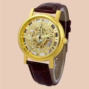 Unique Gold Dial Leather Analog Watch For Men