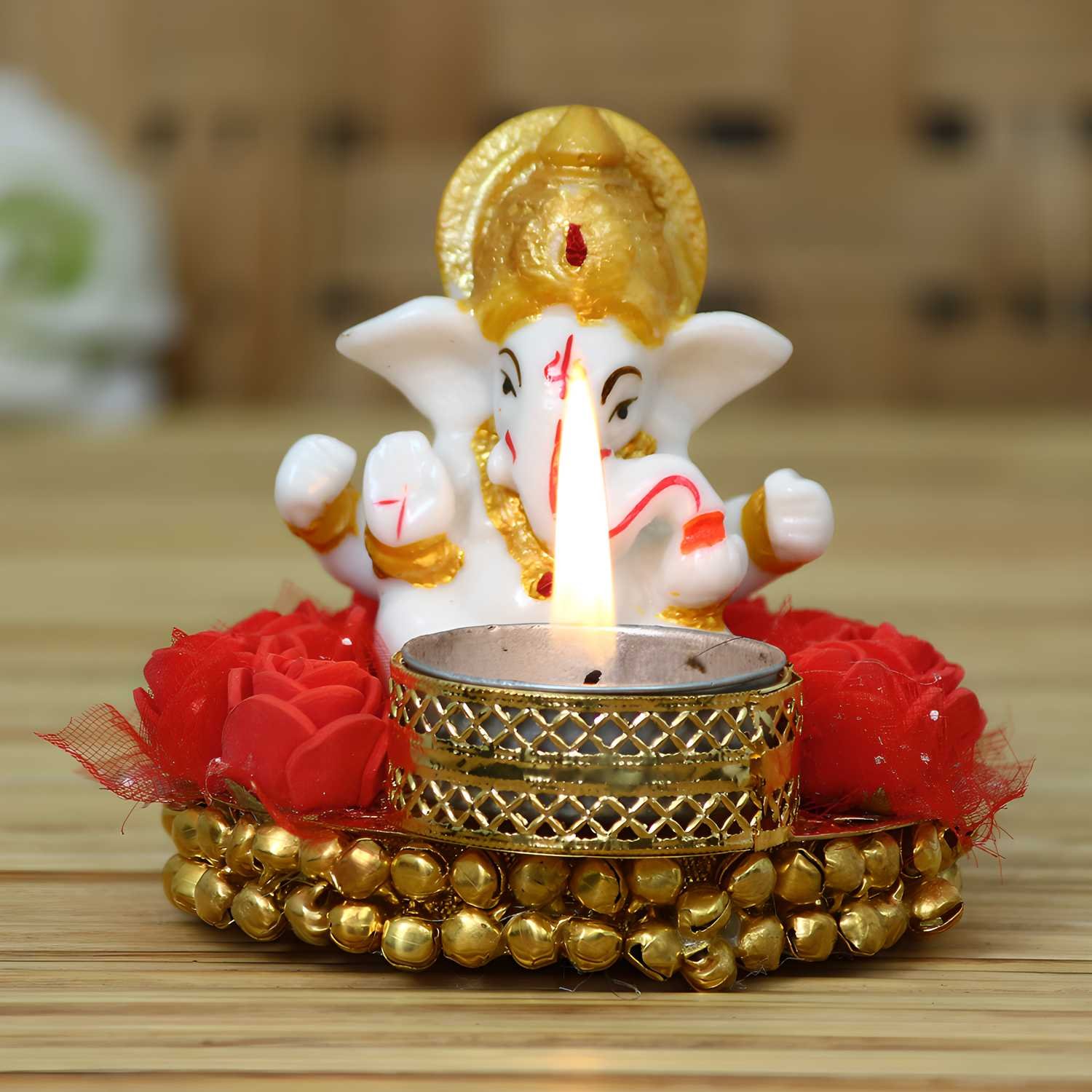 Ecraftindia Lord Ganesha Idol On Decorative Plate With Tea Light Holder