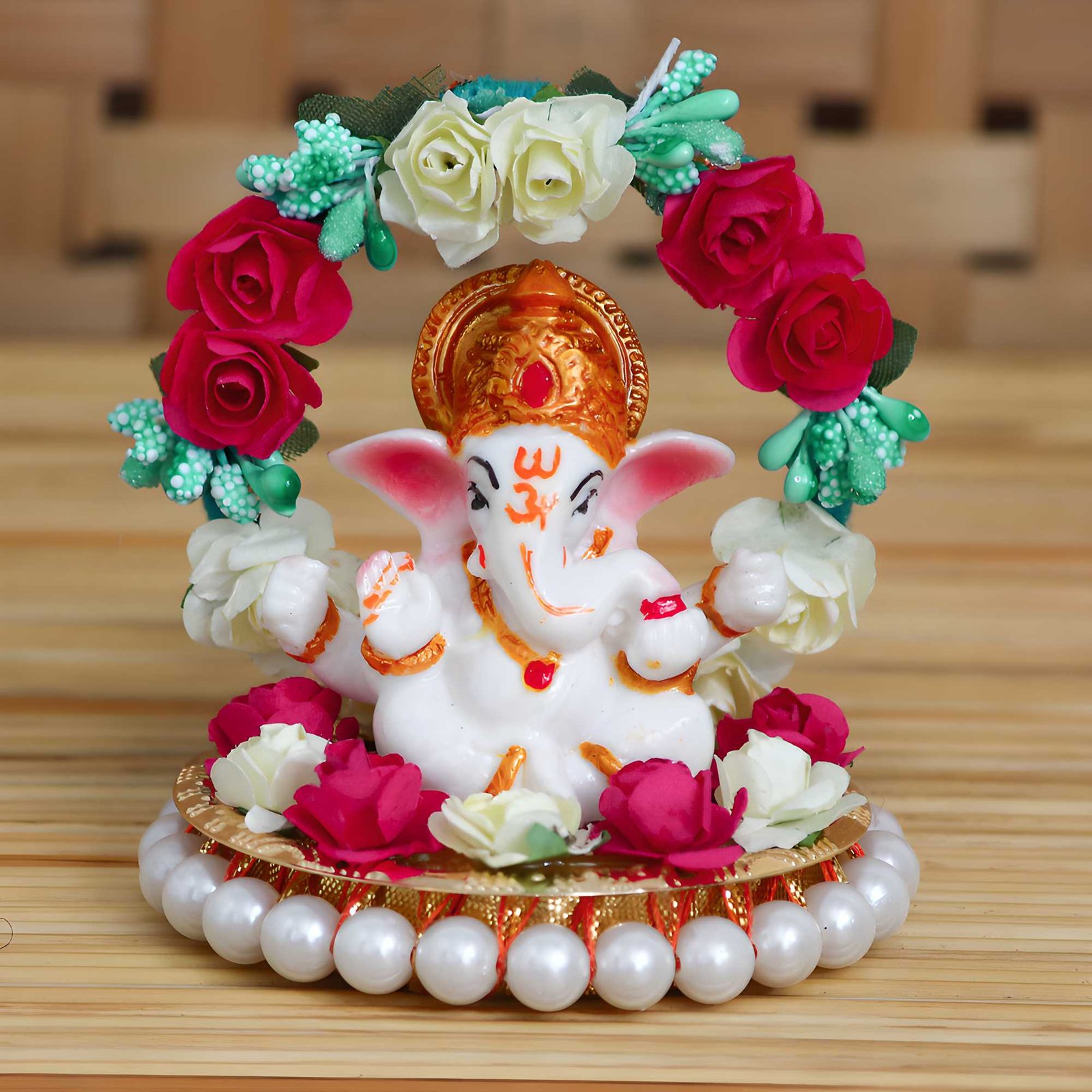 CraftIndia Lord Ganesha Idol on Decorative Handcrafted Plate with Throne of Colorful Flowers - Image 2