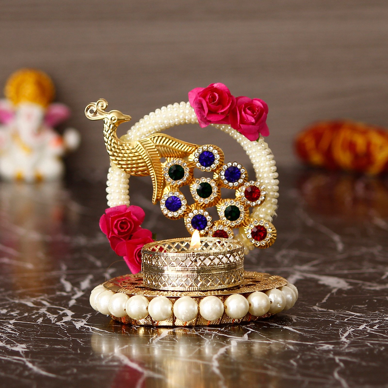 CraftIndia Metal Peacock With Stones Handcrafted Tea Light Holder - Image 2