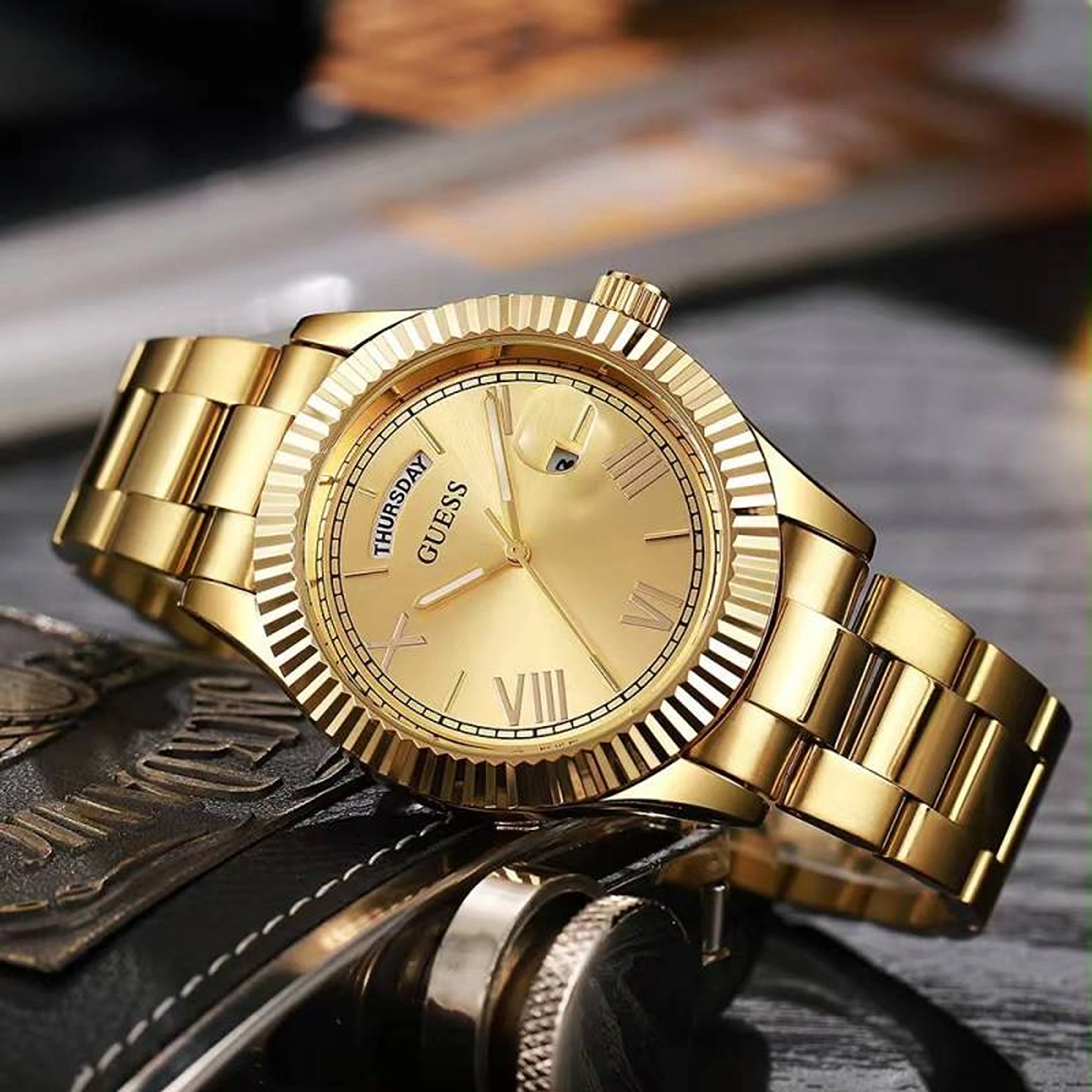 Premium Guess Day Date Watch Gold For Men (SOS67) - Image 3