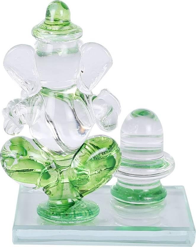 Crystal Ganesh Idol with Shivling Design Divine Car Dashboard Showpiece - 6.5 cm (Crystal, Green) - Image 2