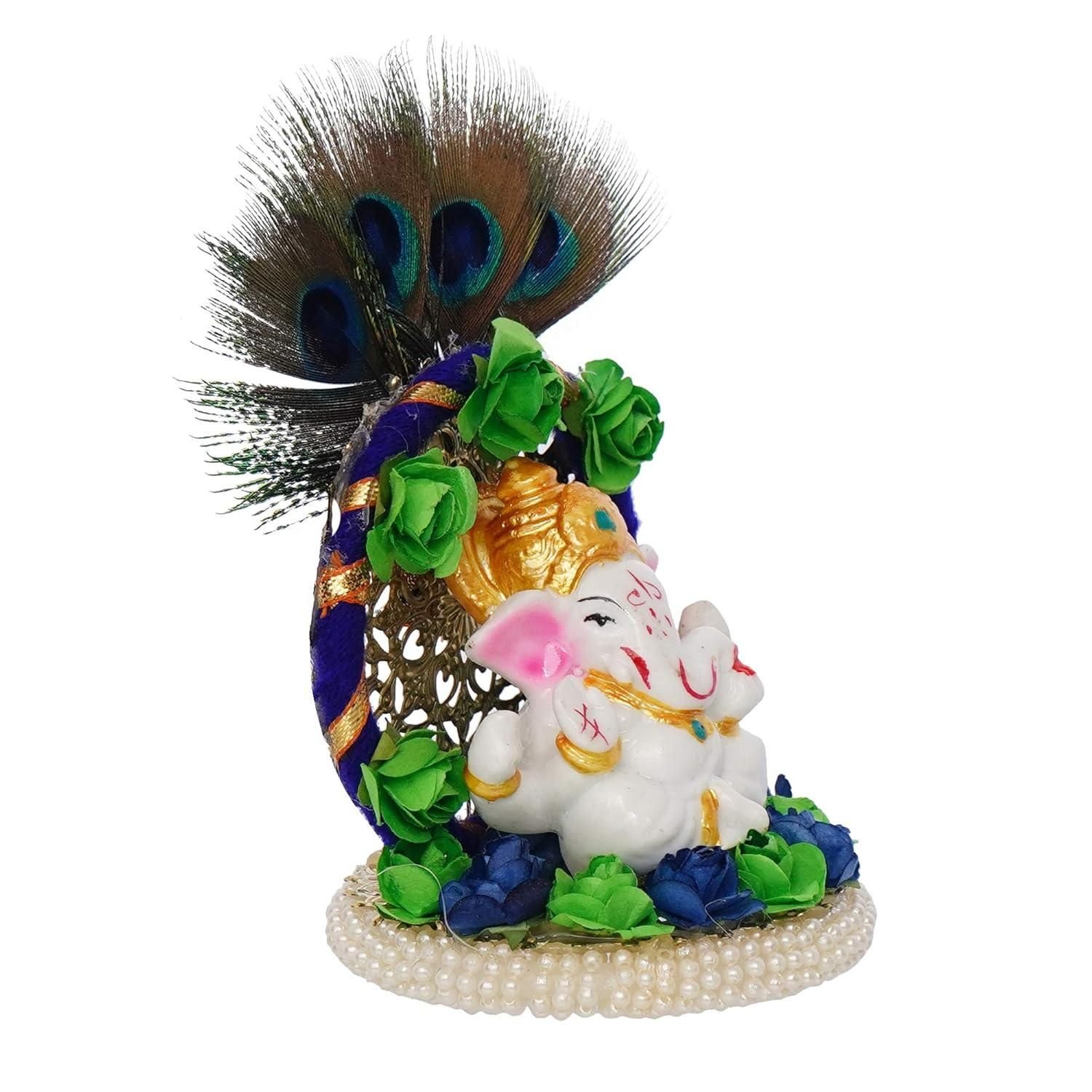 CraftIndia Lord Ganesha Idol on Decorative Handcrafted Floral Plate with Peacock Feather for Home and Car - Image 3